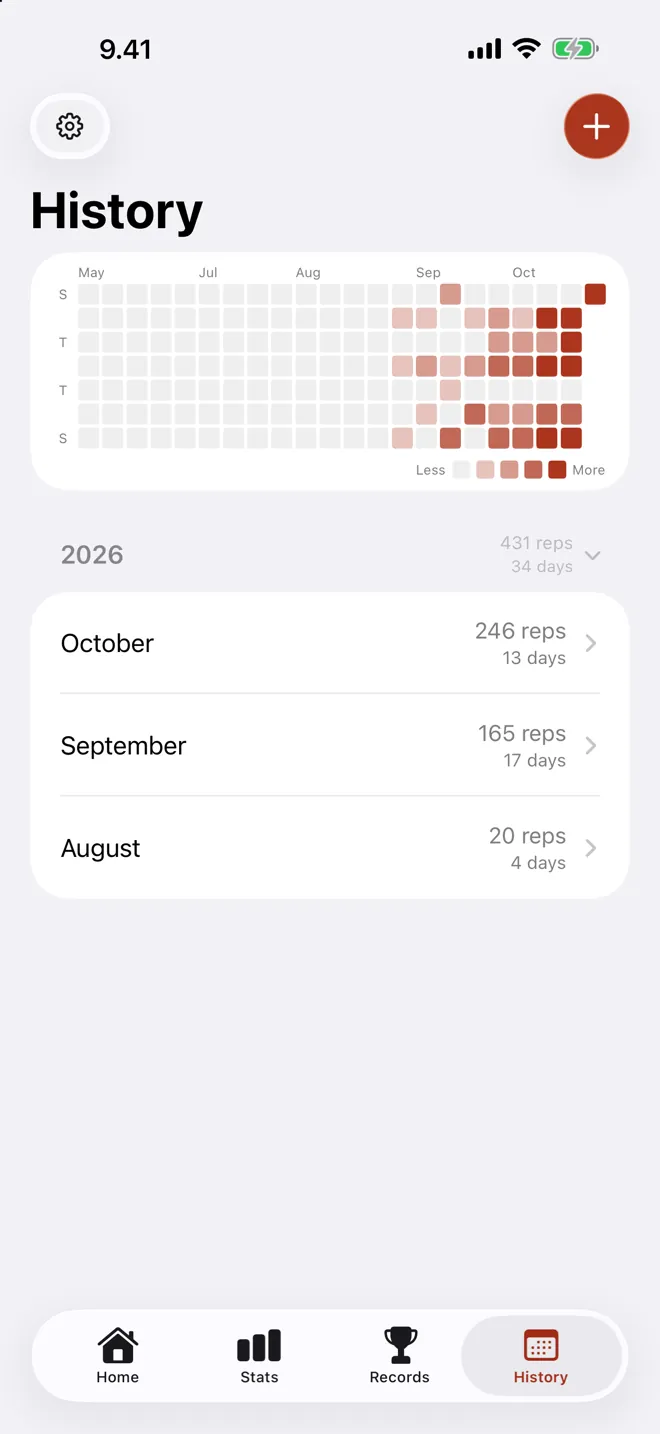 History screen with a heatmap of training days and monthly totals