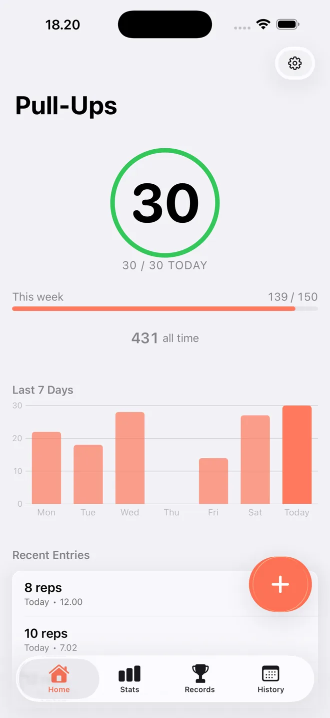 Home screen showing today's pull-up count, a 7-day bar chart, and recent entries