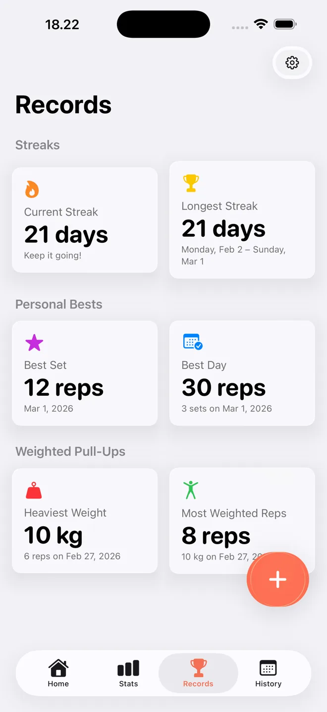 Records screen showing current streak, personal bests for reps and daily total, and weighted records